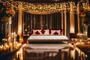 a bed with candles and lights in the room. AI-Generated photo
