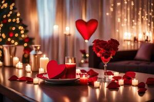 a table with candles and heart shaped decorations. AI-Generated photo