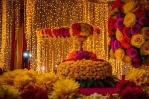 un vistoso Boda decoración con flores y luces. generado por ai foto