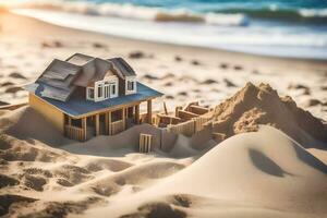 a model house sits on the sand in front of the ocean. AI-Generated photo