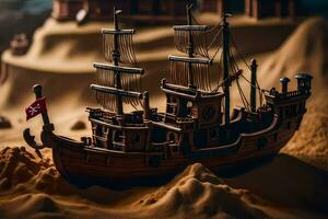 a model of a pirate ship in the sand. AI-Generated photo