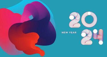 Happy New Year 2024 Colorful Greeting Card Banner for Social Media. Vector Abstract Fluid Background Design