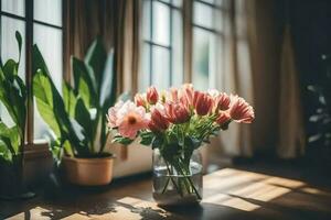 pink flowers in a vase on a table near a window. AI-Generated photo