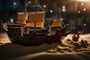 a model of a pirate ship in the sand. AI-Generated photo
