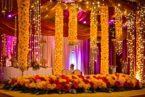 a wedding stage decorated with yellow and orange flowers. AI-Generated photo