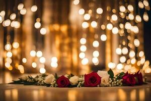 red roses and white flowers on a table with lights. AI-Generated photo