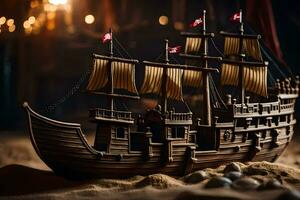 a model of a pirate ship on a beach. AI-Generated photo