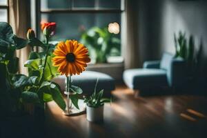 orange flower in a vase on a wooden floor. AI-Generated photo