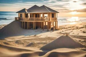 a wooden house on the beach at sunset. AI-Generated photo
