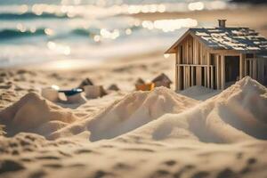 a miniature wooden house on the beach with sand. AI-Generated photo