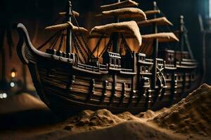 a model of a pirate ship in the sand. AI-Generated photo
