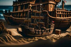 a model of a pirate ship on the sand. AI-Generated photo