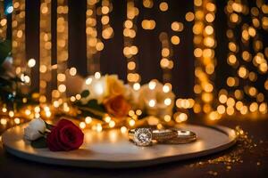 wedding rings and rose on a table with lights. AI-Generated photo