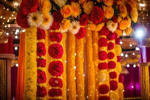 a colorful wedding stage decorated with flowers. AI-Generated photo
