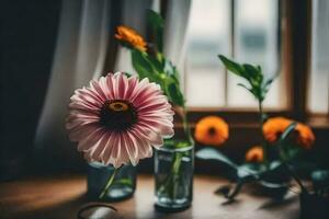 a pink flower sits in a vase on a table. AI-Generated photo