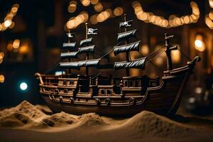 a model of a pirate ship in the sand. AI-Generated photo