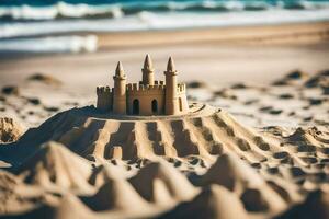 arena castillo en el playa. generado por ai foto