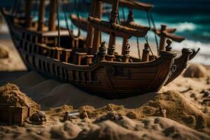 a model of a pirate ship on the beach. AI-Generated photo