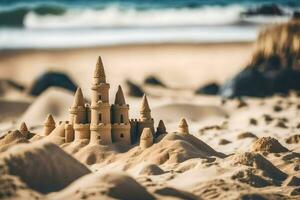 a sand castle on the beach with waves in the background. AI-Generated photo