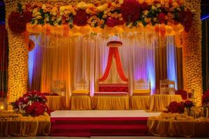 an indian wedding stage decorated with yellow and red flowers. AI-Generated photo