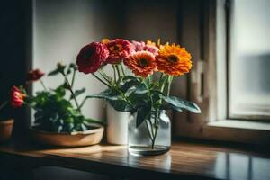 flores en un florero en un ventana umbral. generado por ai foto