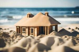 a small wooden house is sitting in the sand. AI-Generated photo