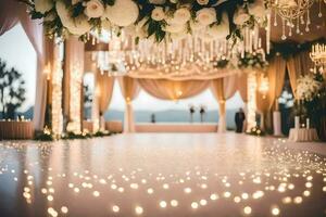 a wedding dance floor with white lights and flowers. AI-Generated photo