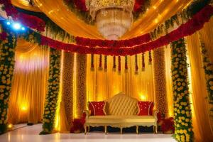 a wedding stage decorated with yellow and red flowers. AI-Generated photo