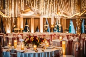 un Boda recepción con velas y luces. generado por ai foto