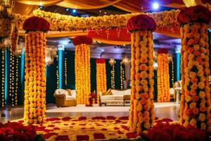 a wedding ceremony with colorful flowers and pillars. AI-Generated photo