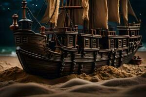 a model of a pirate ship on the beach. AI-Generated photo
