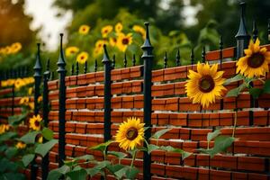 sunflowers are growing on a brick fence. AI-Generated photo