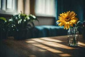 a yellow flower sits in a vase on a table. AI-Generated photo