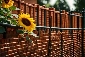 a sunflower is growing on a brick fence. AI-Generated photo