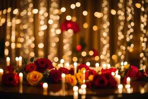 candles and roses in front of a backdrop of lights. AI-Generated photo