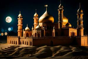 a model of a mosque at night with a full moon. AI-Generated photo
