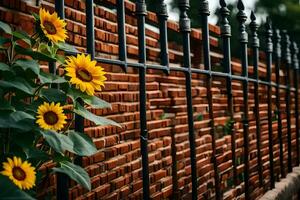 girasoles creciente en frente de un ladrillo pared. generado por ai foto