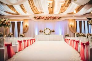 un Boda ceremonia con blanco y rosado decoración. generado por ai foto