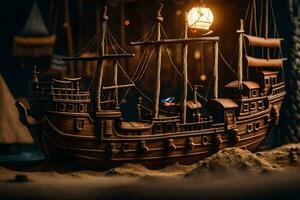 a model of a pirate ship in the sand. AI-Generated photo