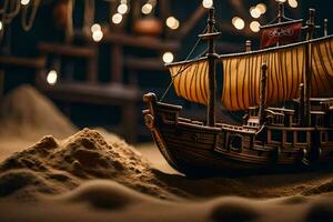 a model ship is sitting on sand in front of a light. AI-Generated photo