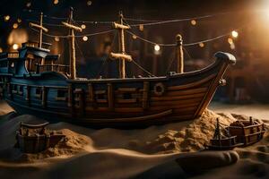 a model of a pirate ship in the sand. AI-Generated photo