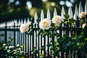 white roses on a fence. AI-Generated photo