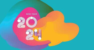 Happy New Year 2024 Colorful Greeting Card Banner for Social Media. Vector Abstract Fluid Background Design