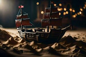 a model of a pirate ship in the sand. AI-Generated photo