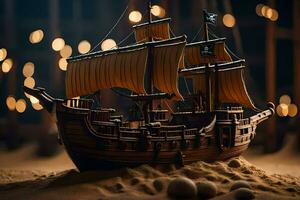 a pirate ship is sitting on sand in front of a light. AI-Generated photo