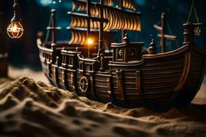 a model of a pirate ship in the sand. AI-Generated photo