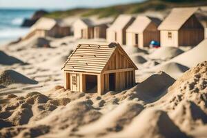 un pequeño de madera casa en el playa. generado por ai foto