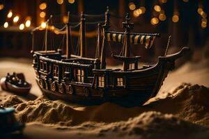 a miniature ship in the sand. AI-Generated photo