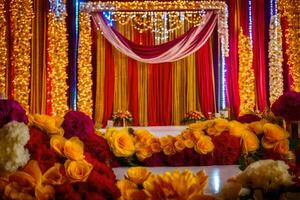 a colorful wedding stage decorated with flowers and garlands. AI-Generated photo