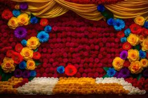 a colorful stage with flowers and a curtain. AI-Generated photo